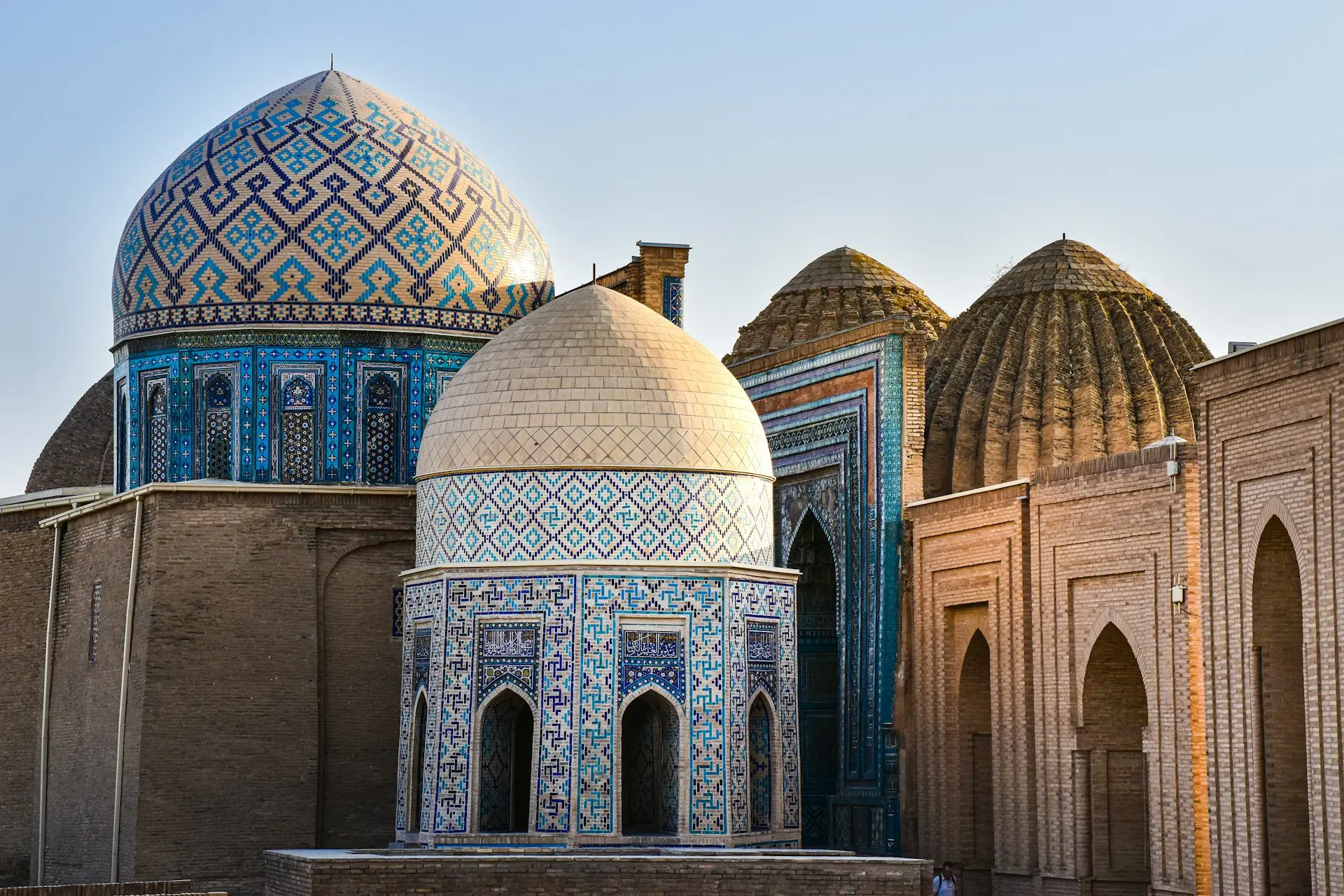 Ornate domes of historical Islamic architecture in Samarkand, Uzbekistan